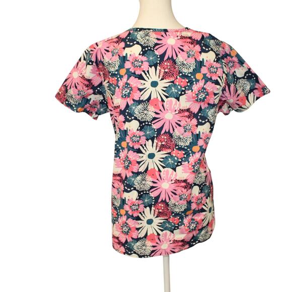 Zoe & Chloe Womens Scrub Top Sz M short sleeve Floral multicolor Cotton - Picture 2 of 7